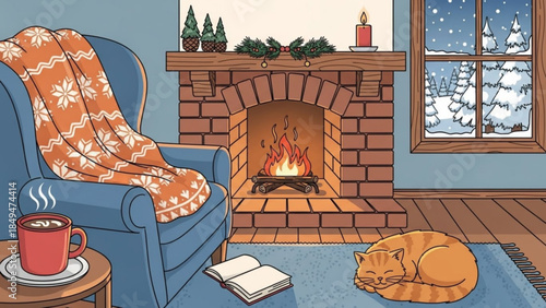 Cozy living room with cat sleeping by warm fireplace, steaming cup on side table, and winter
