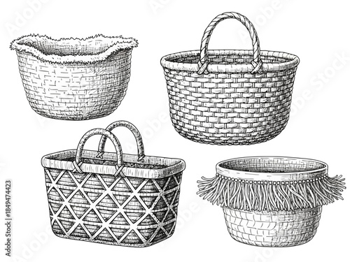Four different types of woven baskets with handles and intricate designs