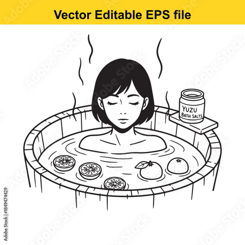  woman relaxing in a traditional japanese onsen hot tub with yuzu salt