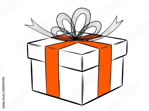 A beautifully wrapped gift box with an orange ribbon and bow on top