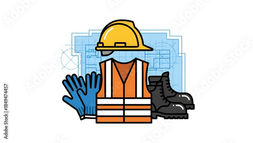 Personal protective equipment for construction workers including hard hat, vest, gloves, and boots with a blueprint background.
