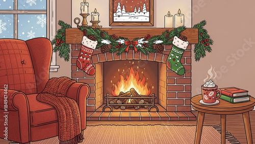 Cozy living room with christmas decorations, red armchair, fireplace, and hot chocolate