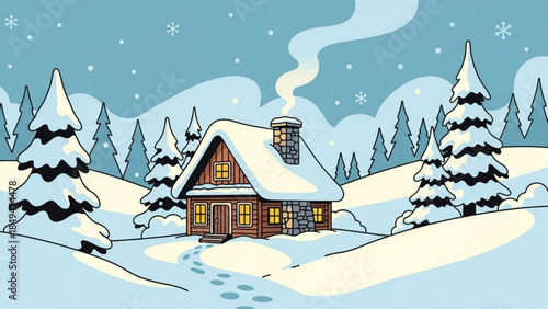 Cozy snow covered wooden cabin house with smoke chimney surrounded by pine trees on a winter day