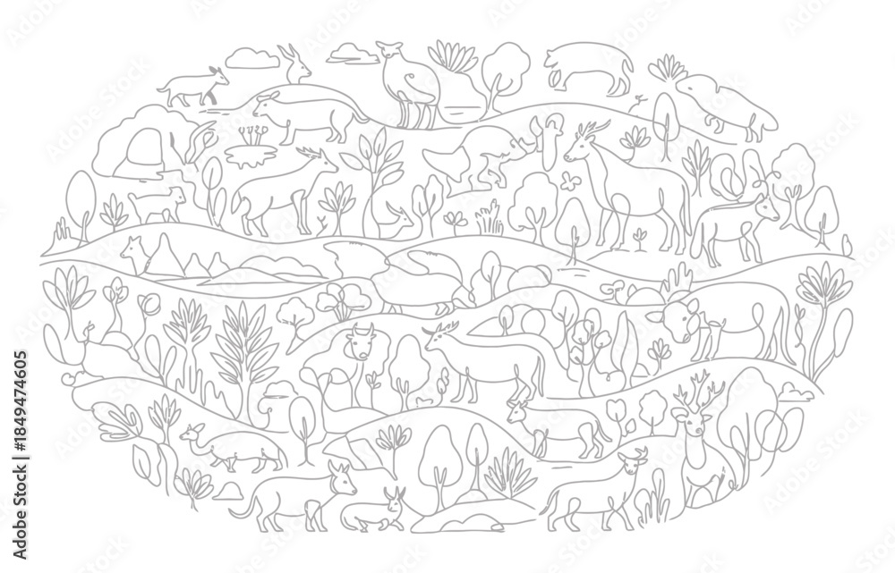 Fototapeta premium Continuous Line Art Biodiversity Ecosystem Illustration