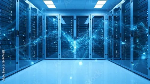 A futuristic data center with servers connected by a glowing blue neural network