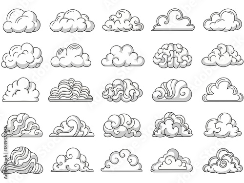 A collection of various cloud illustrations in different shapes and styles