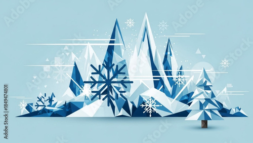 Graphic illustration of stylized icy blue and white snowflakes and frosty evergreen trees