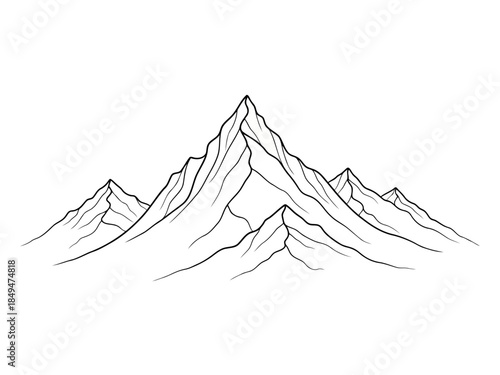 Black and white sketch of mountains with detailed peaks and valleys