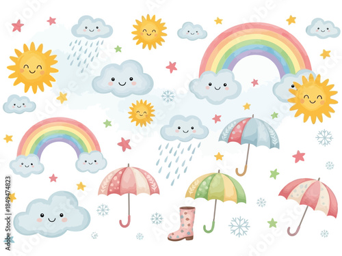 Cute cartoon weather elements including clouds, suns, rainbows, and umbrellas