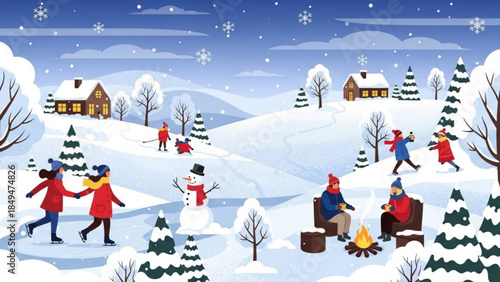 People enjoying winter activities in a snowy landscape with homes and trees, snowman