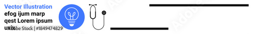 Healthcare innovation, medical services, modern healthcare, diagnosis tools, creativity in medicine, telehealth. A stethoscope paired with a light bulb symbol. Healthcare innovation and medical