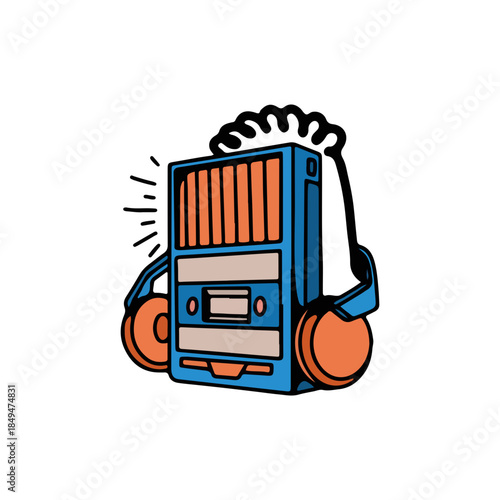 Retro Portable Music Player with Headphones and Sound Waves Illustration