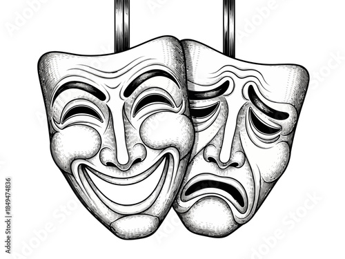 Two theatrical masks, one smiling and one sad, representing comedy and tragedy