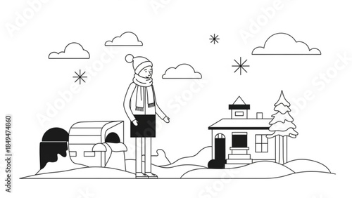 Woman in winter clothes standing next to car and house with snow covered tree and snowy