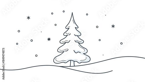 A serene winter scene with a snow covered pine tree standing alone on a snowy hill surrounded