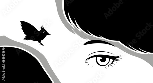 Monochrome Illustration of a Womans Eye and a Bird in Flight.