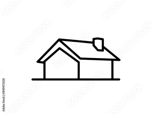 Simple black and white line drawing of a house with a chimney on the roof