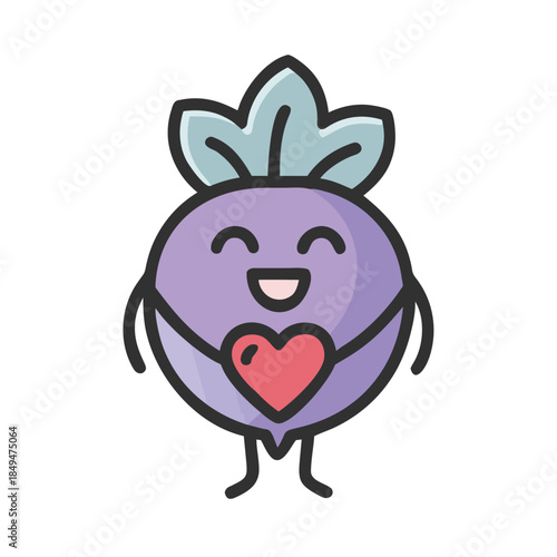 A smiling purple beet character with a red heart on its chest stands happily.