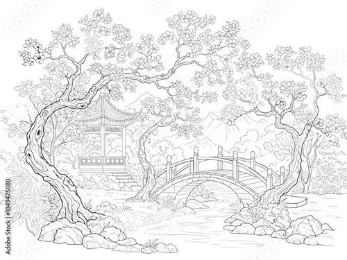 Asian garden with bridge and pagoda in serene nature setting