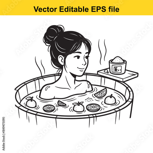  woman relaxing in a traditional japanese ofuro hot tub with floating flowers and a tea set nearby isolated on white background