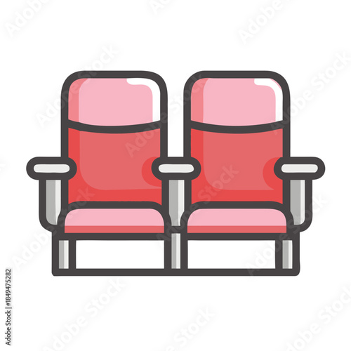 Two empty red cinema seats are side by side, waiting for an audience.