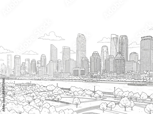 Skyline of a modern city with tall buildings and a river in the foreground