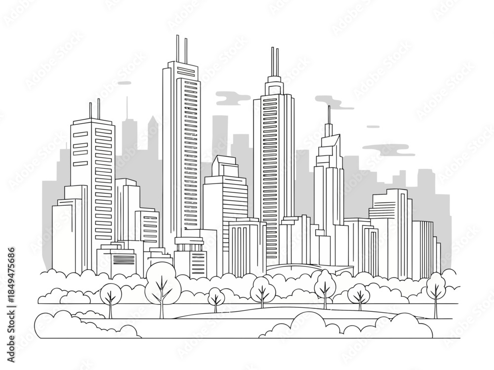 Fototapeta premium Skyline cityscape with modern buildings and trees