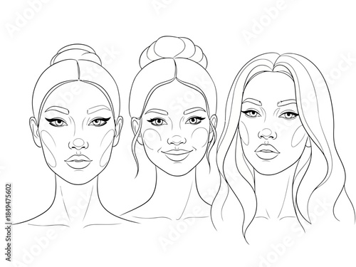 Three black and white sketches of women with different hairstyles and facial expressions