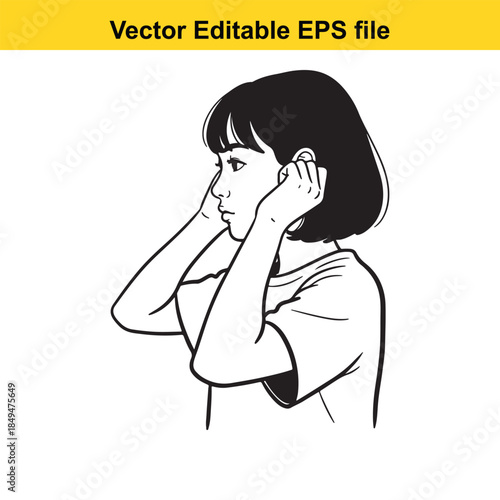  vector illustration of a woman covering her ears with her hands in a simple line drawing style