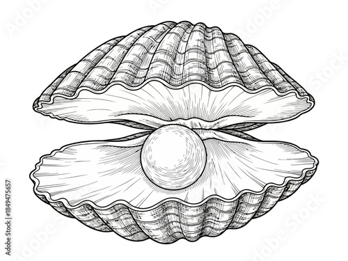 Black and white sketch of a seashell with intricate details and shading