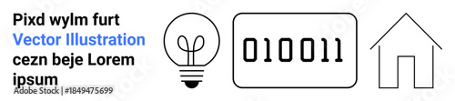 Technology, innovation, home energy, coding systems, smart devices, sustainability. Light bulb, binary code house outline. Technology and innovation with a focus on coding and home-related concepts