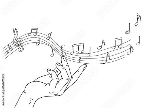 Hand playing piano with musical notes floating around in black and white illustration style
