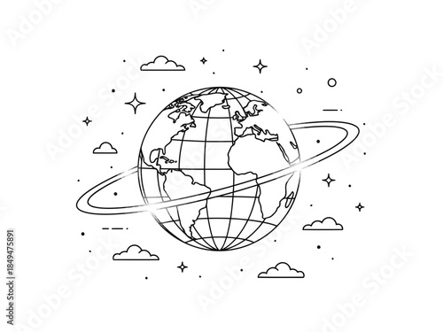 A stylized globe with rings of saturn and stars