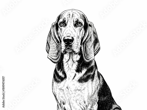 Black and white sketch of a beagle dog sitting and looking at the camera