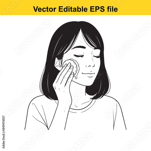  vector illustration of a woman wiping her face with a cotton pad in a simple line drawing style