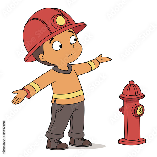 Cartoon firefighter pointing to fire hydrant isolated on white background safety and fire prevention concept