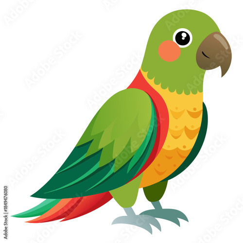 Colorful green parrot with yellow, red, and orange feathers on transparent background