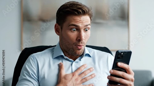 A stunned businessman in a light blue shirt stares at his phone, eyes wide open