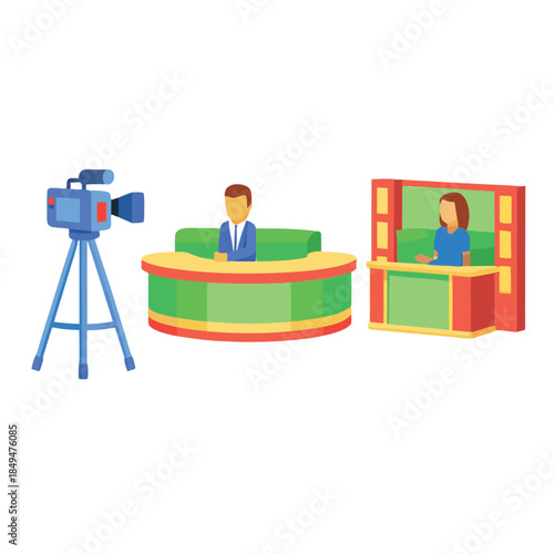 A news studio with a camera, anchor desk, and a presenter at a console.