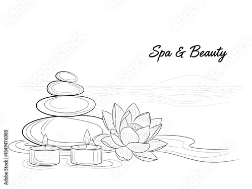 Spa and beauty illustration with rocks, lotus flower, and essential oils