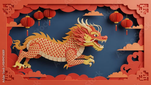 Vibrant orange dragon sculpture with lanterns and clouds on blue