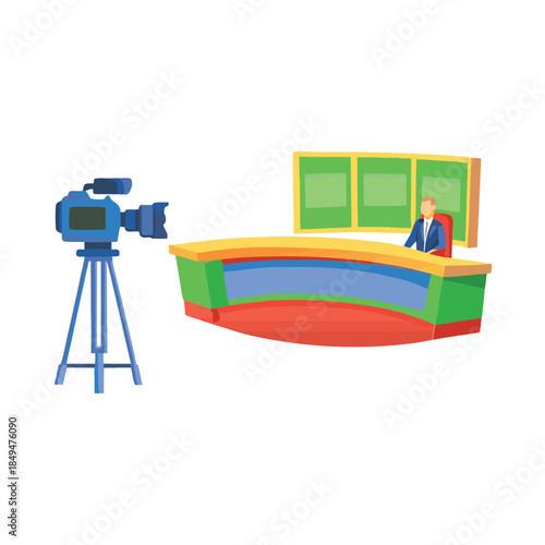 A news anchor sits behind a desk in a television studio with a camera in the foreground.