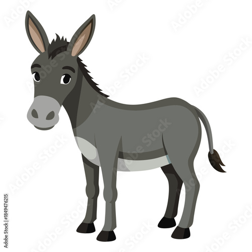 Cartoon grey donkey with white muzzle and belly standing on transparent background