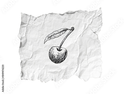 Cherry Sketch on Wrinkled Paper Texture on a Transparent Background