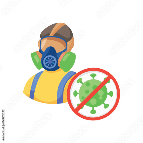 Person in hazmat suit with respirator and biohazard symbol for virus protection.