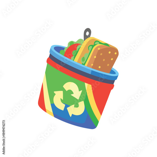 A colorful recycling bin contains a sandwich and vegetables, promoting sustainable food waste management.