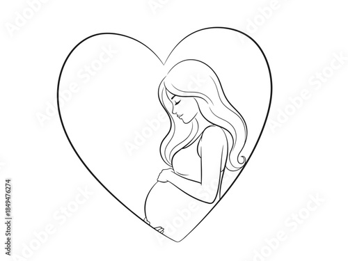 Pregnant woman with long hair in a heart shape, black and white illustration