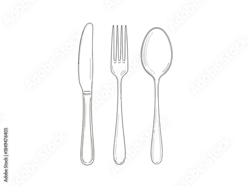Set of three utensils including a knife, fork, and spoon