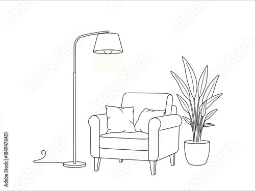 Minimalist living room with armchair, floor lamp, and potted plant in black and white line drawing