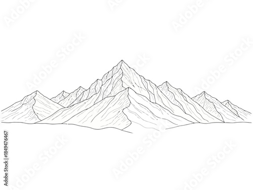 Black and white illustration of a mountain range with detailed peaks and valleys